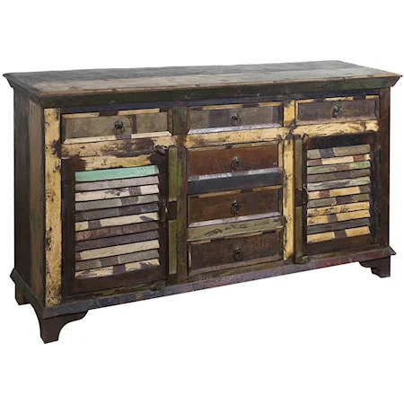 Distressed Multicolor Credenza with Two Shutter Doors & Six Drawers